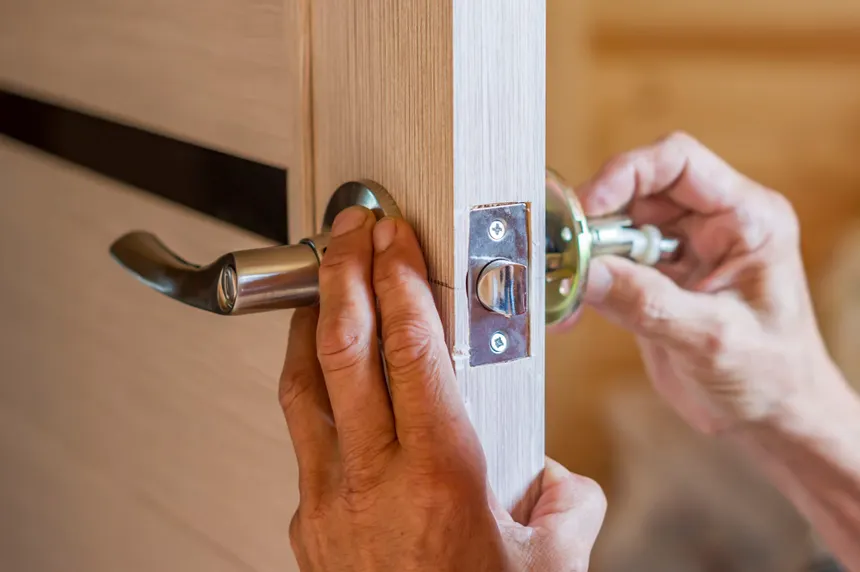 Professional locksmith rekeying house locks after moving into a new home